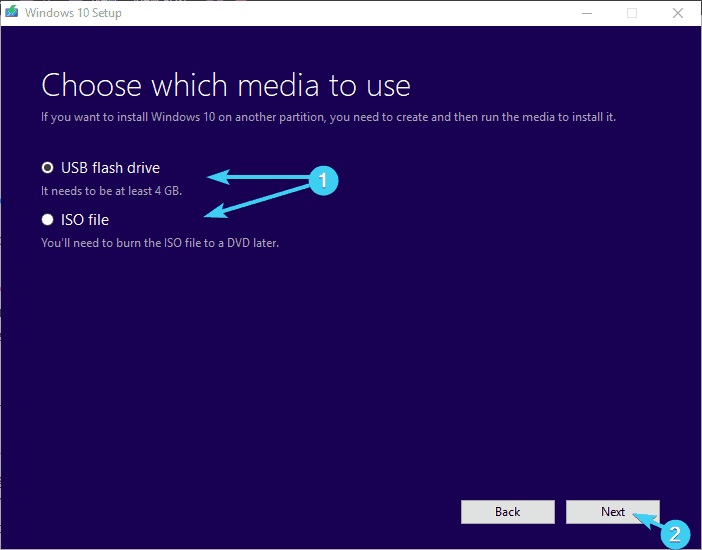 Выбор USB или ISO как носителя установки Windows