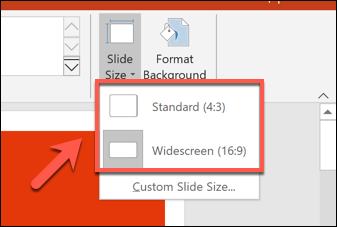 Меню выбора размера слайда в PowerPoint