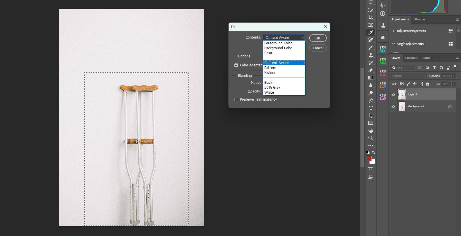 Шаг 4: убедитесь, что выбран Content-Aware в меню Fill