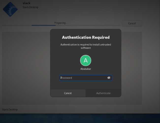 Запрос пароля для установки Slack