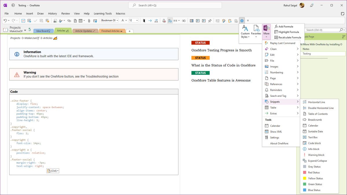 Создание пользовательских сниппетов в OneMore