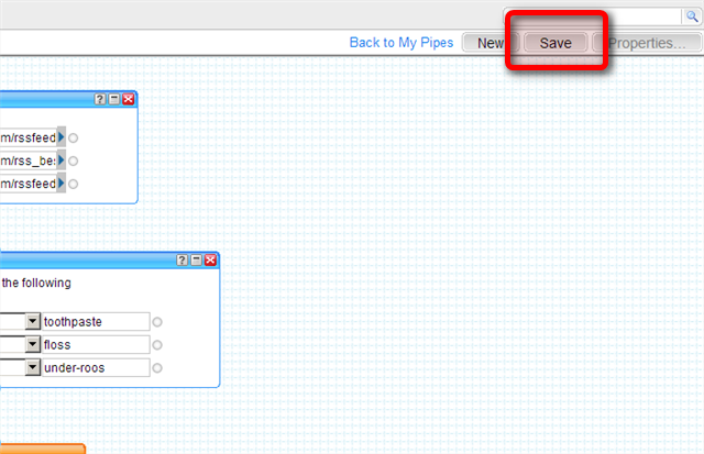 Кнопка 'Save' для сохранения Pipe