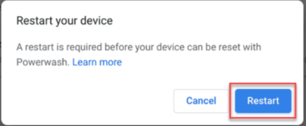 Кнопка «Перезапустить» при сбросе Chromebook