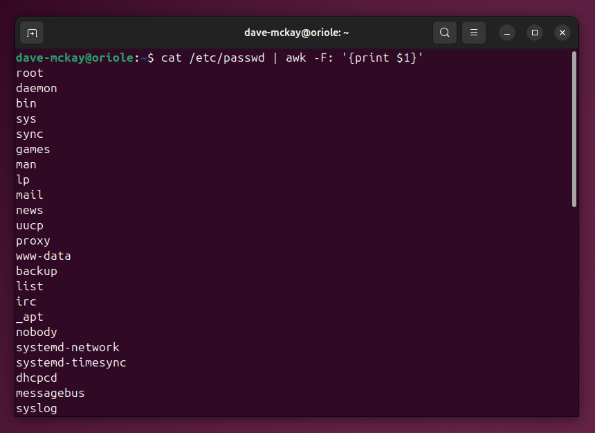 Piping вывода cat в awk для извлечения первого поля.