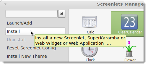 Кнопка установки в Screenlets Manager