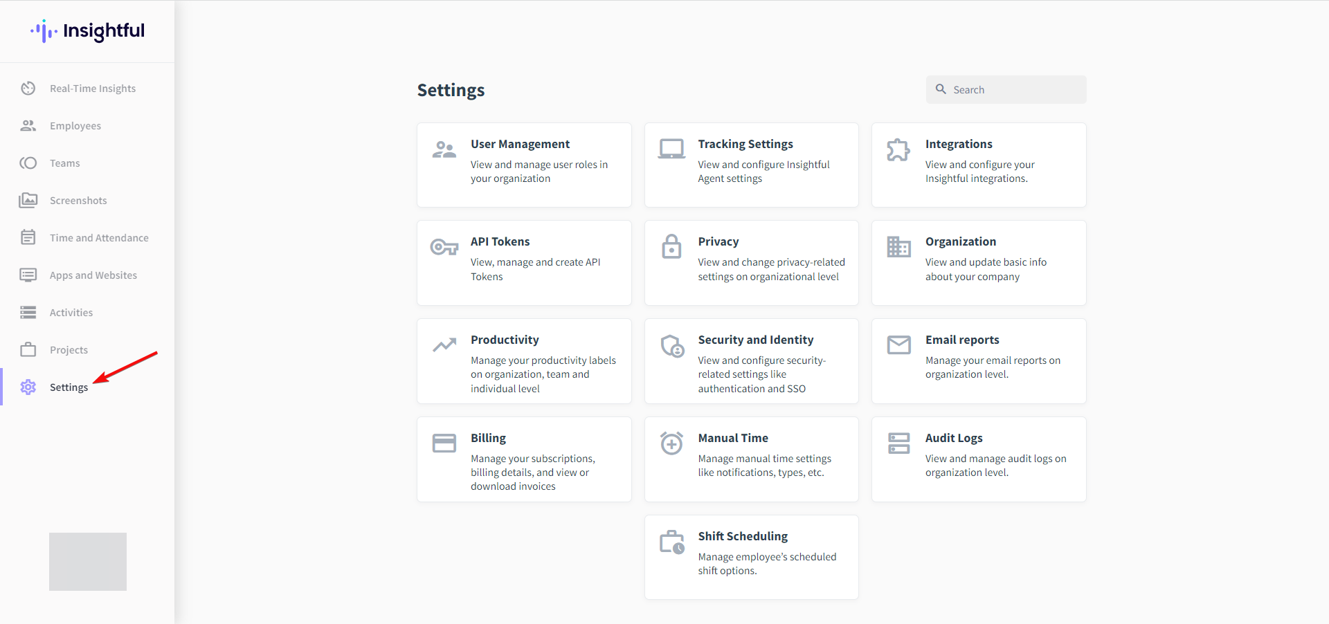 Меню настроек: интеграции, аудит‑логи, расписание смен, SSO и биллинг
