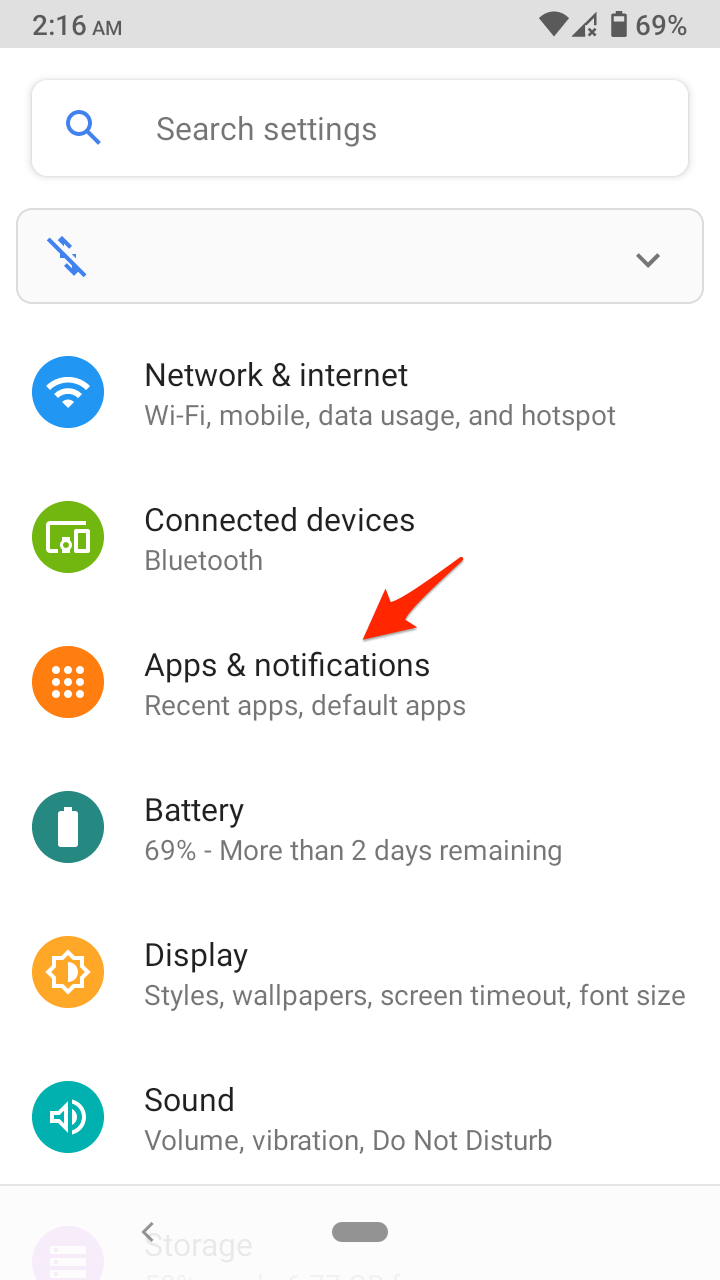 Выбор «Приложения и уведомления» на Android