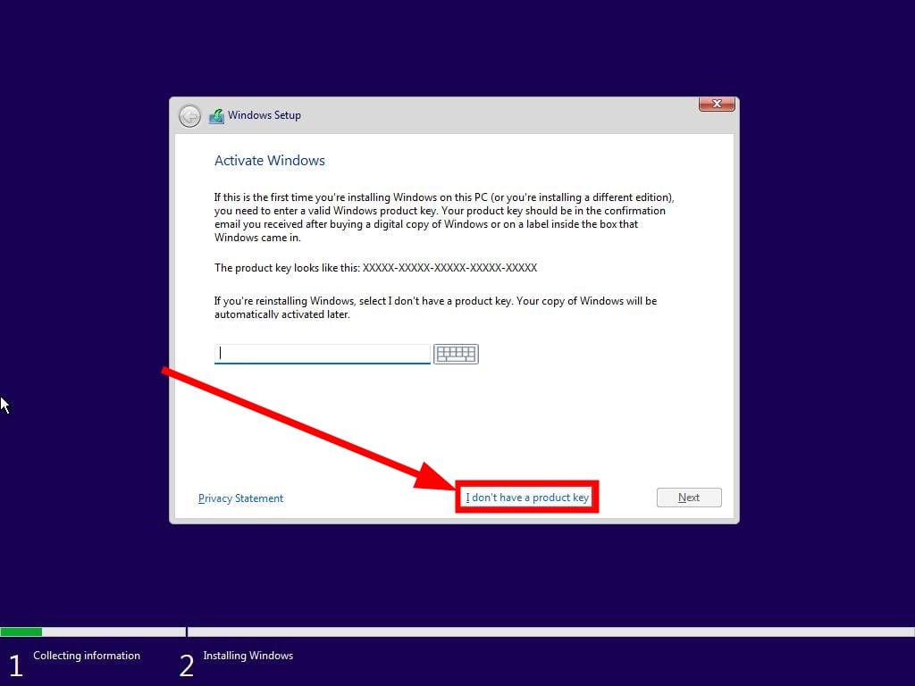 Кнопка 'У меня нет ключа продукта' на экране установки Windows 11