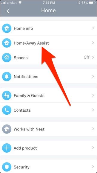 Экран Home с пунктом Home/Away Assist выделенным
