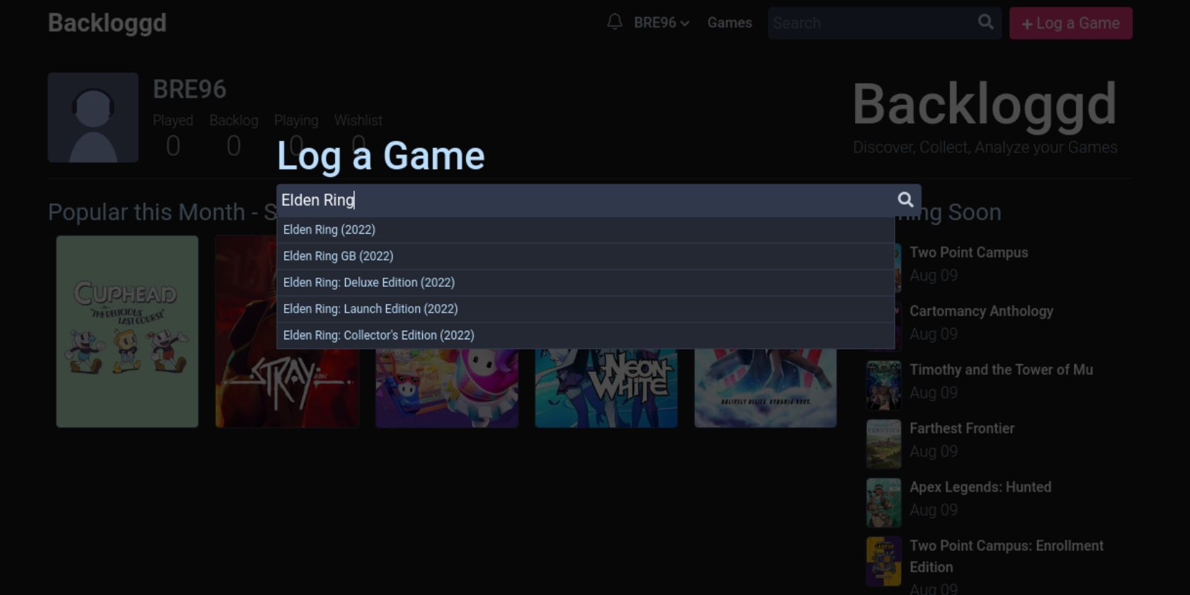Поиск игры для добавления в лог на Backloggd