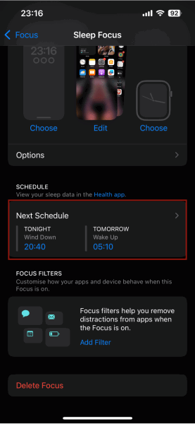 Настройки iPhone Sleep Next Schedule