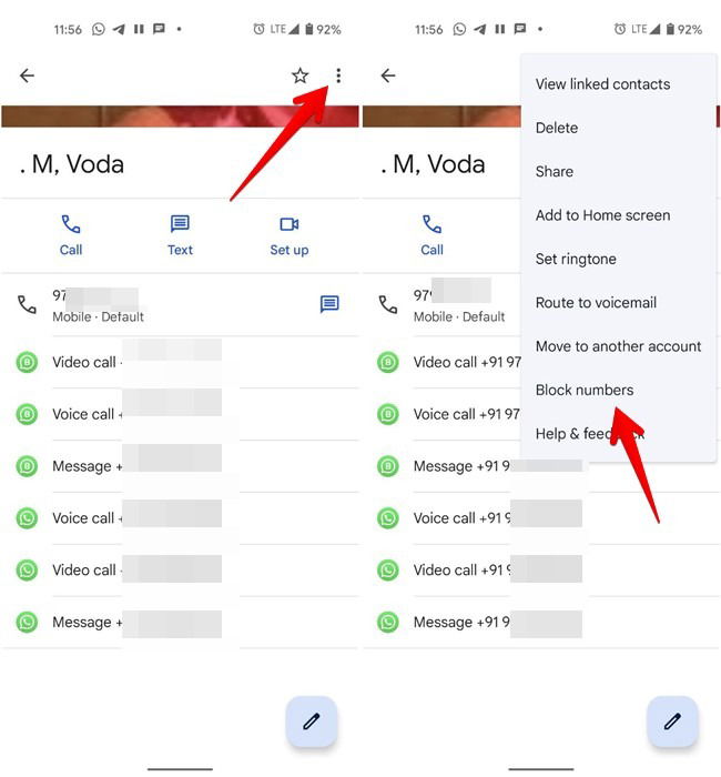 Android: меню блокировки контакта в приложении Телефон