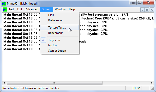Программа стресс-тестирования CPU (пример окна Prime95)