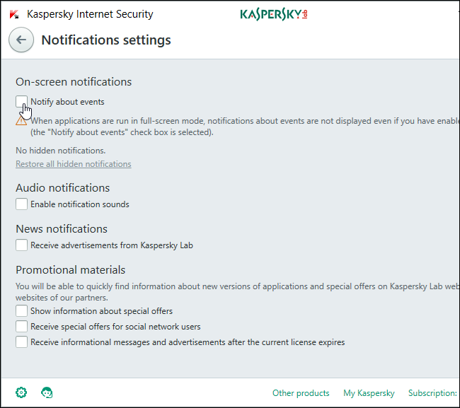 Снимок экрана с отключёнными уведомлениями и рекламой в Kaspersky