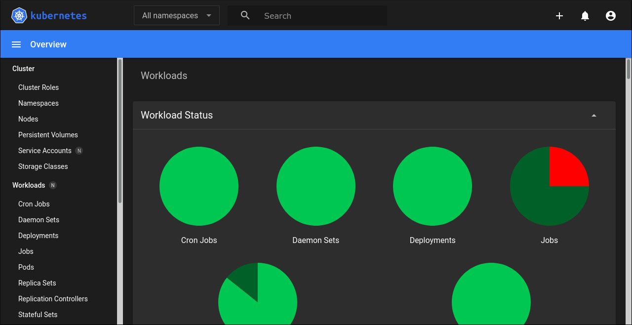 Скриншот экрана Kubernetes Dashboard