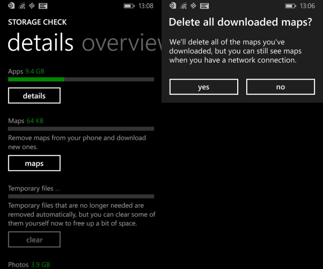 Экран Storage Check с загруженными картами и временными файлами.