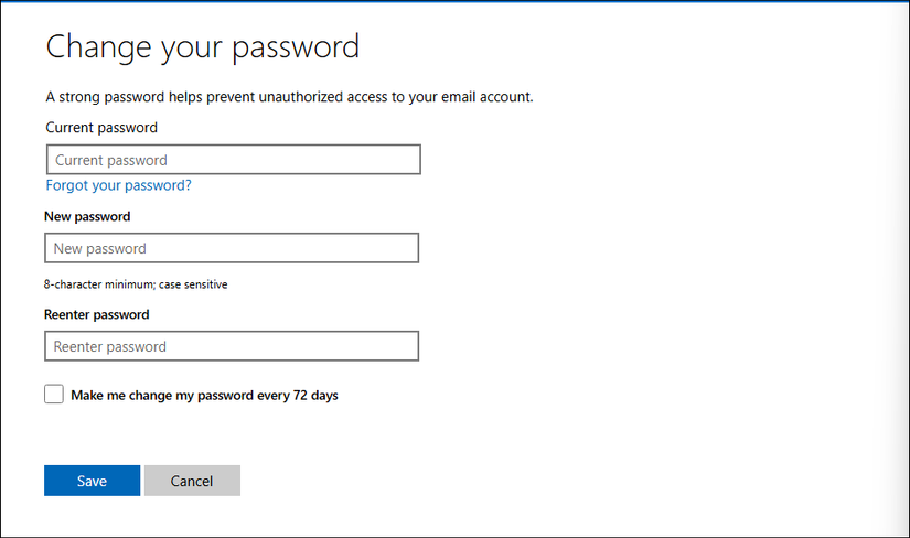 Страница изменения пароля учётной записи Microsoft