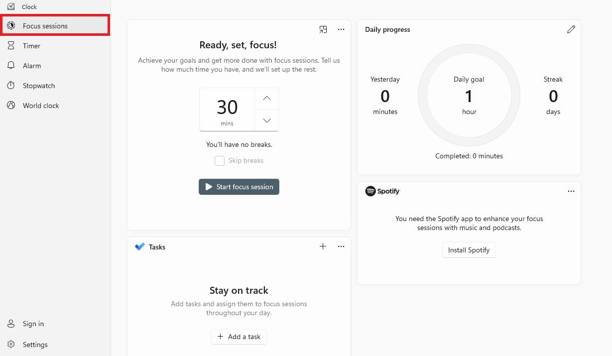 Интерфейс фокус-сессий с настройкой длительности и интеграцией Spotify