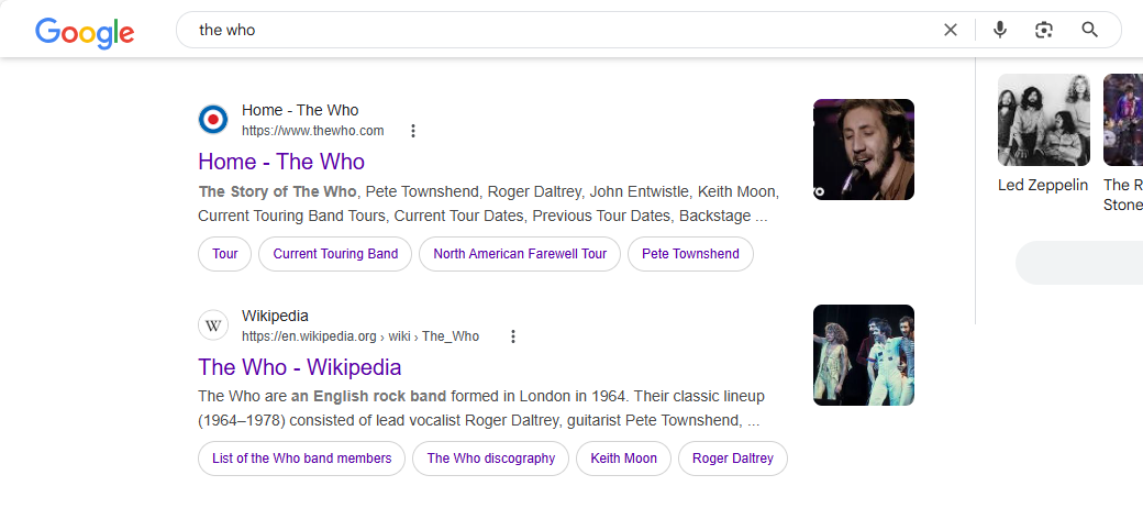 Результат поиска Google для запроса 'the who'