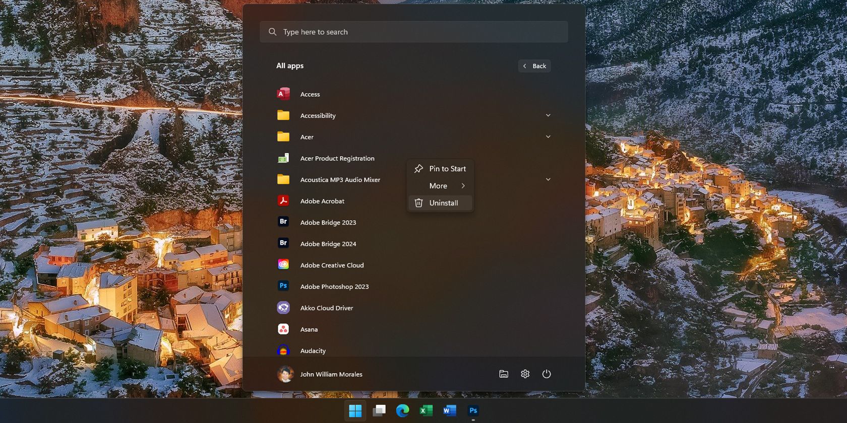 Удаление приложения из меню Пуск Windows 11