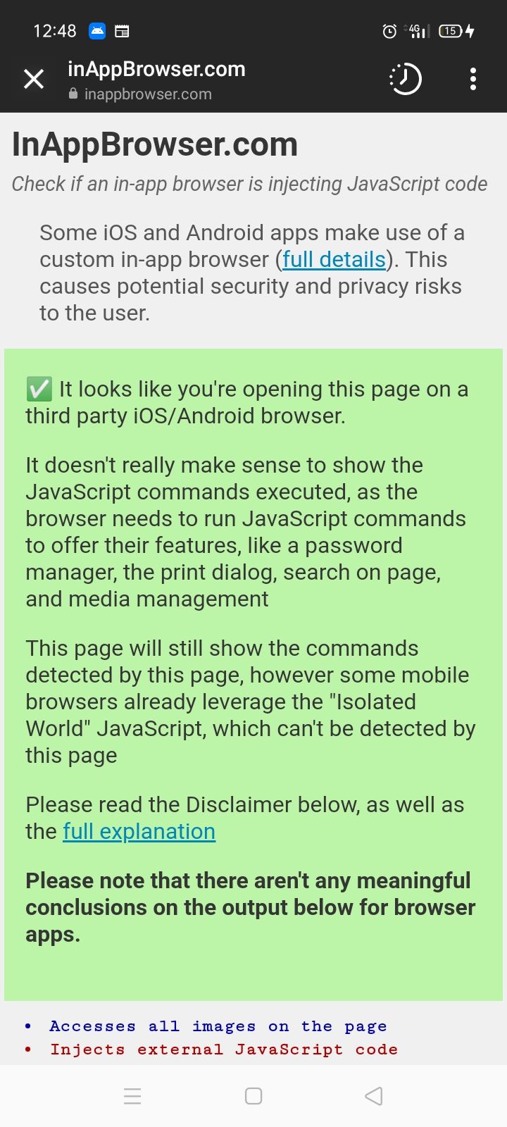 Скриншот отчёта InAppBrowser на Android
