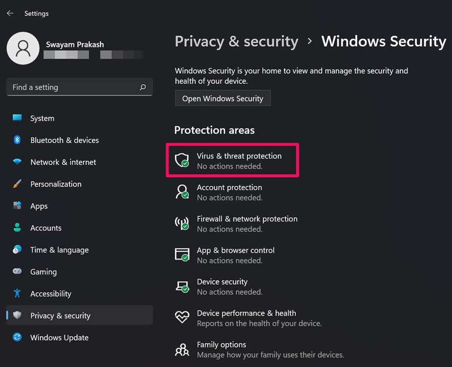 Центр безопасности Windows: 'Защита от вирусов и угроз'