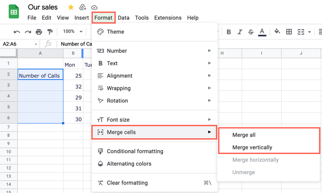 Выберите Формат, Объединить и нужную опцию