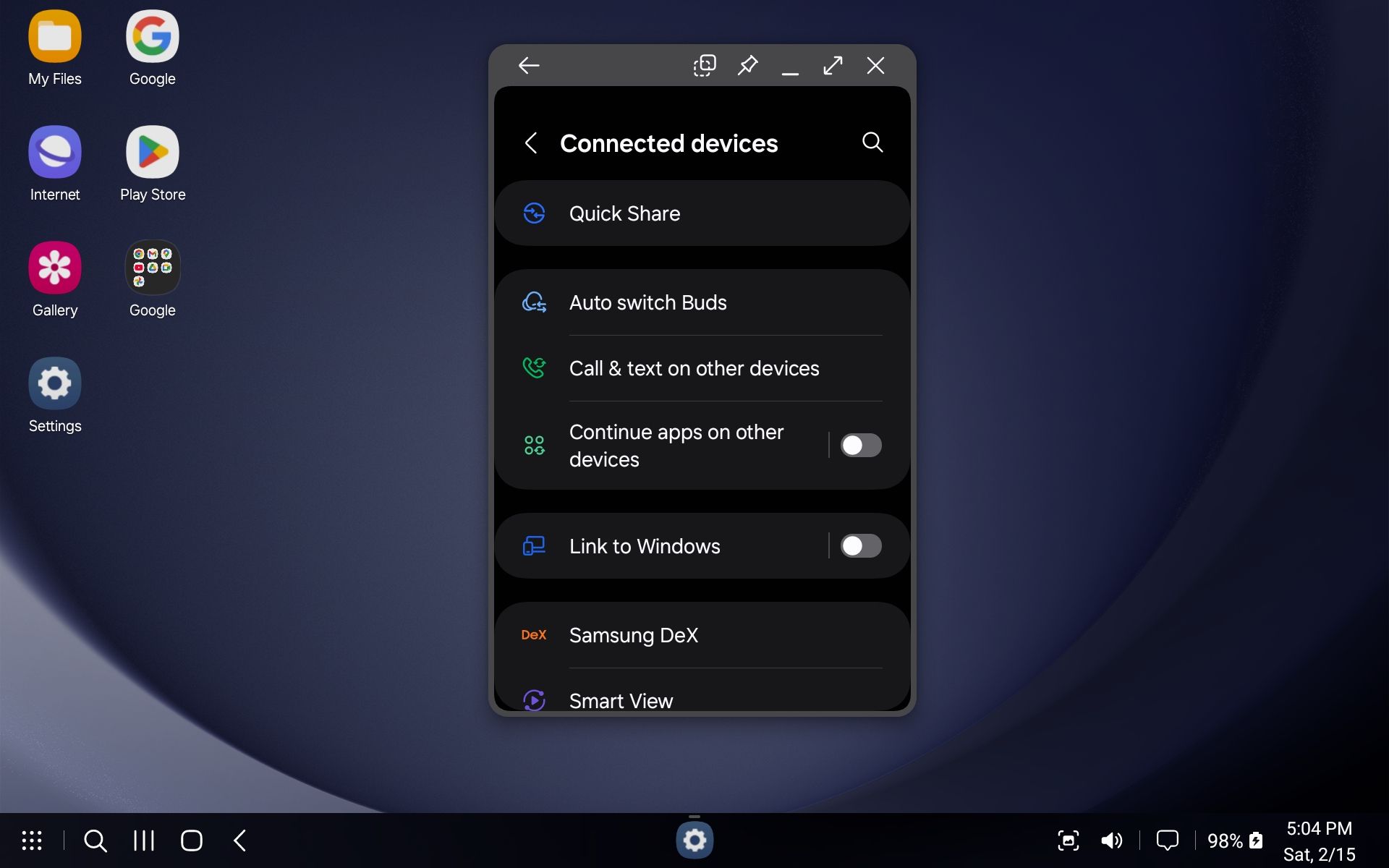 Интерфейс Samsung DeX с открытым меню настроек