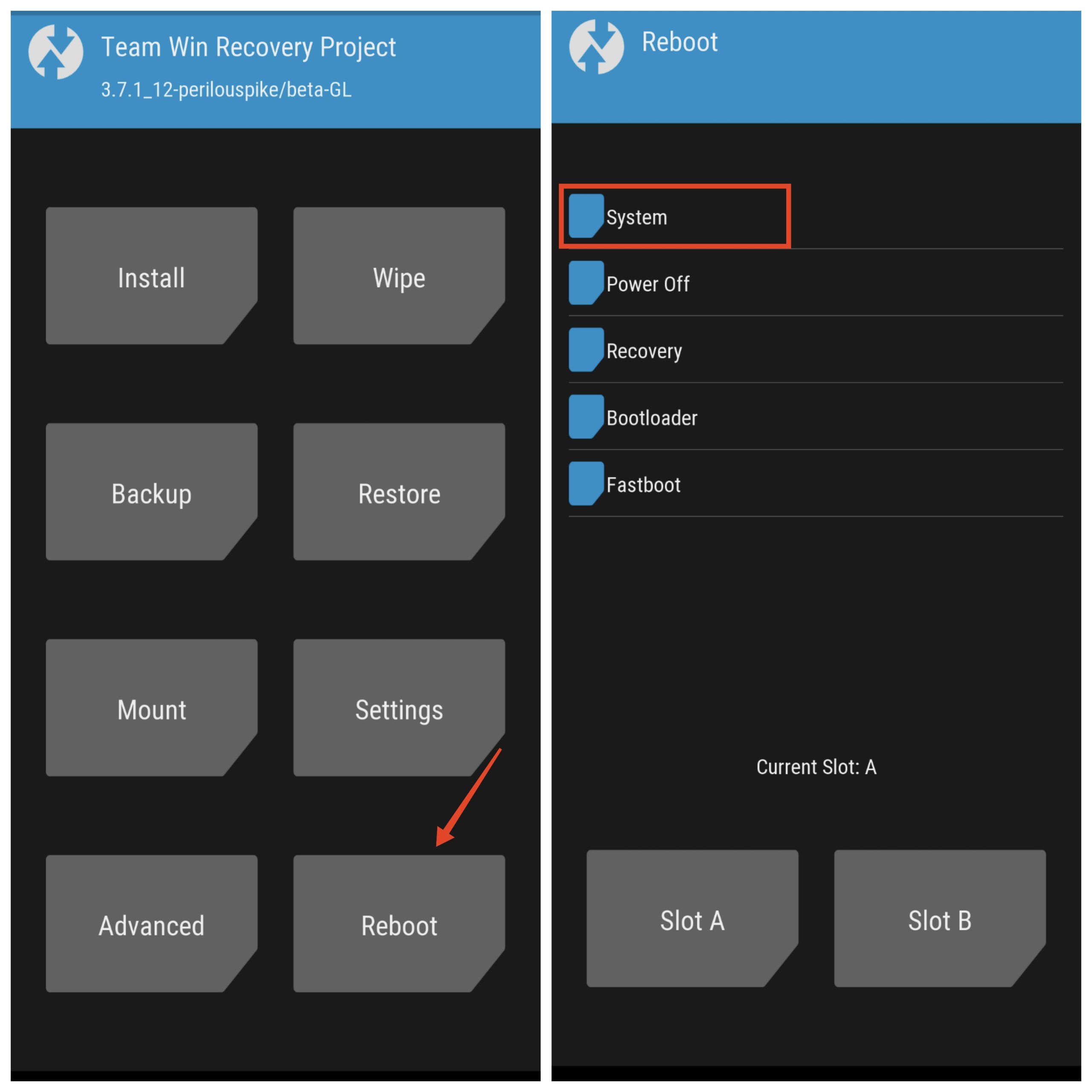 Перезагрузка в систему из TWRP