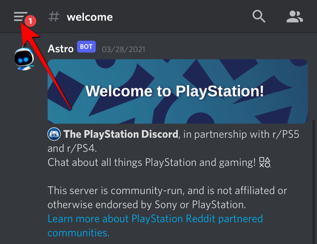 Нажмите на меню в левом верхнем углу экрана Discord