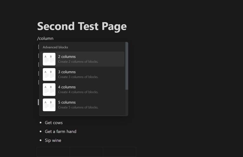 Скриншот, показывающий варианты колонок в меню расширенных блоков на странице Notion.