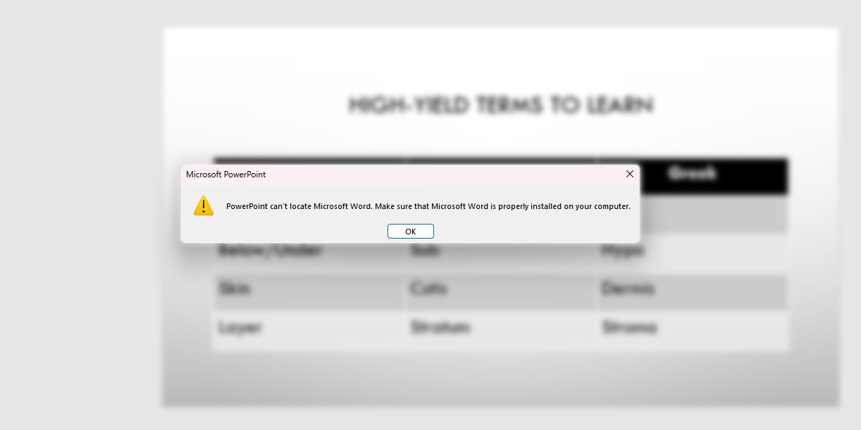 Сообщение об ошибке: PowerPoint не может обнаружить Microsoft Word