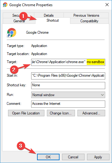 Добавление параметра --no-sandbox в поле Target ярлыка Chrome