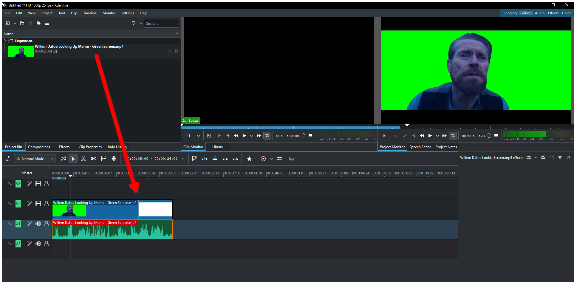 Импорт видеофайла для редактирования в Kdenlive.