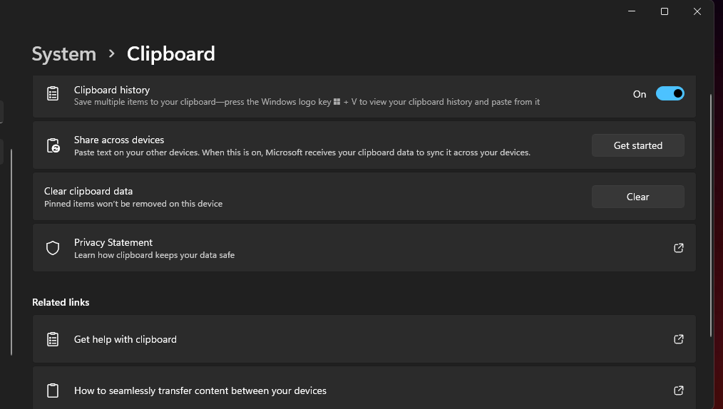 Параметр История буфера обмена