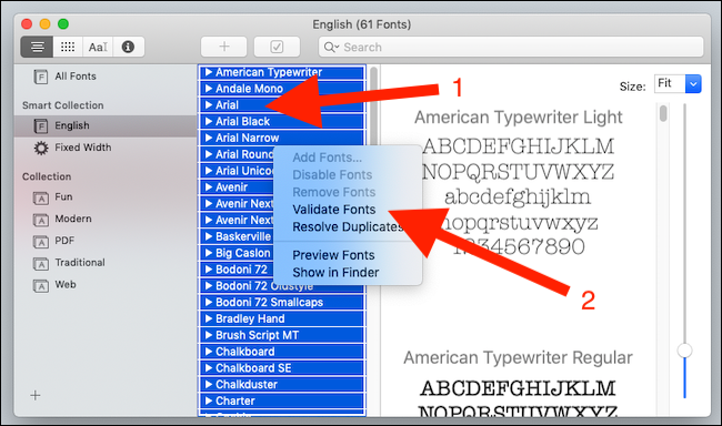 Контекстное меню Font Book: опция «Validate Fonts»