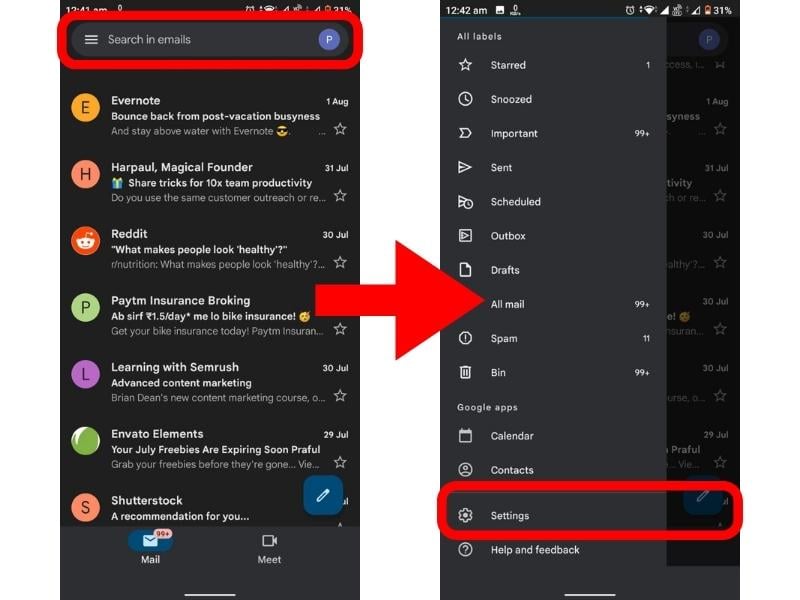 Открыть настройки в Gmail