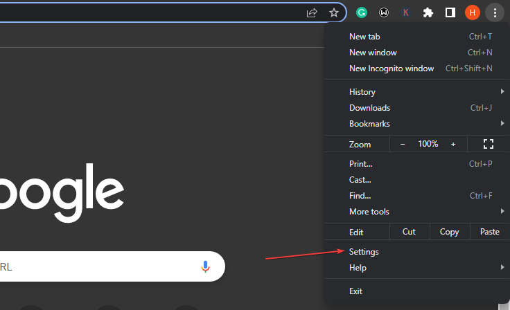 Общее меню Chrome и переход в Настройки