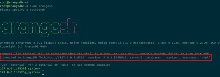 Вход в оболочку arangosh как root