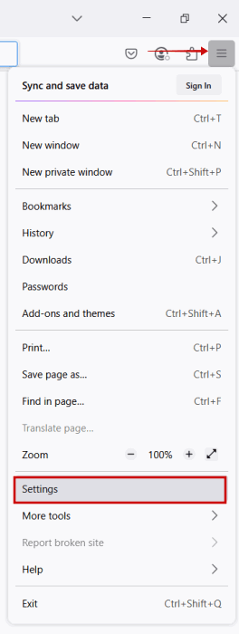 Переход в Настройки Firefox на ПК.