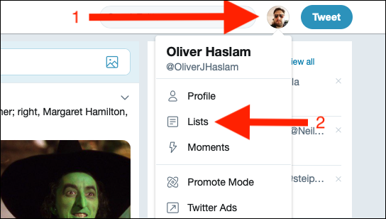 Профиль пользователя Twitter — выберите 'Списки' в меню