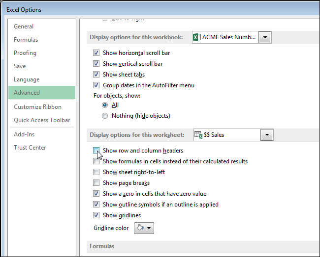 Опция отключения отображения заголовков строк и столбцов