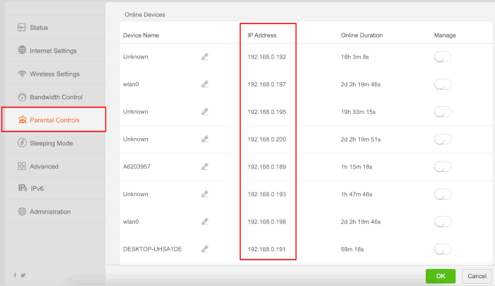 Список подключённых устройств и их IP‑адреса в админ‑панели