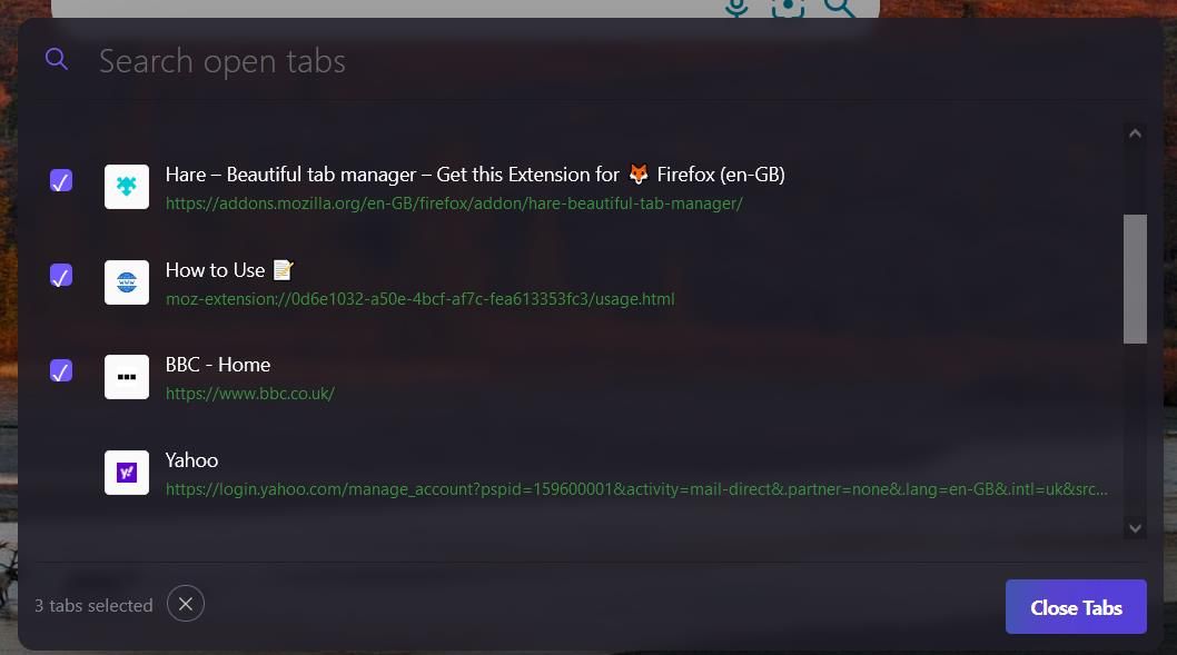 Кнопка Close Tabs в Hare для массового закрытия