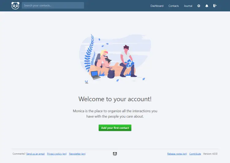 Экран приветствия Monica CRM