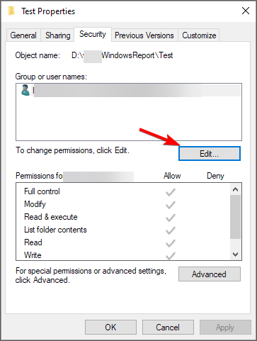 Окно редактирования прав с кнопкой «Изменить»