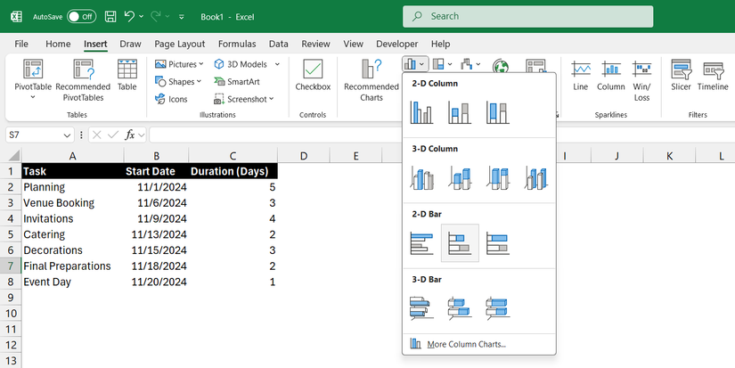 Вставка столбчатой диаграммы в Excel