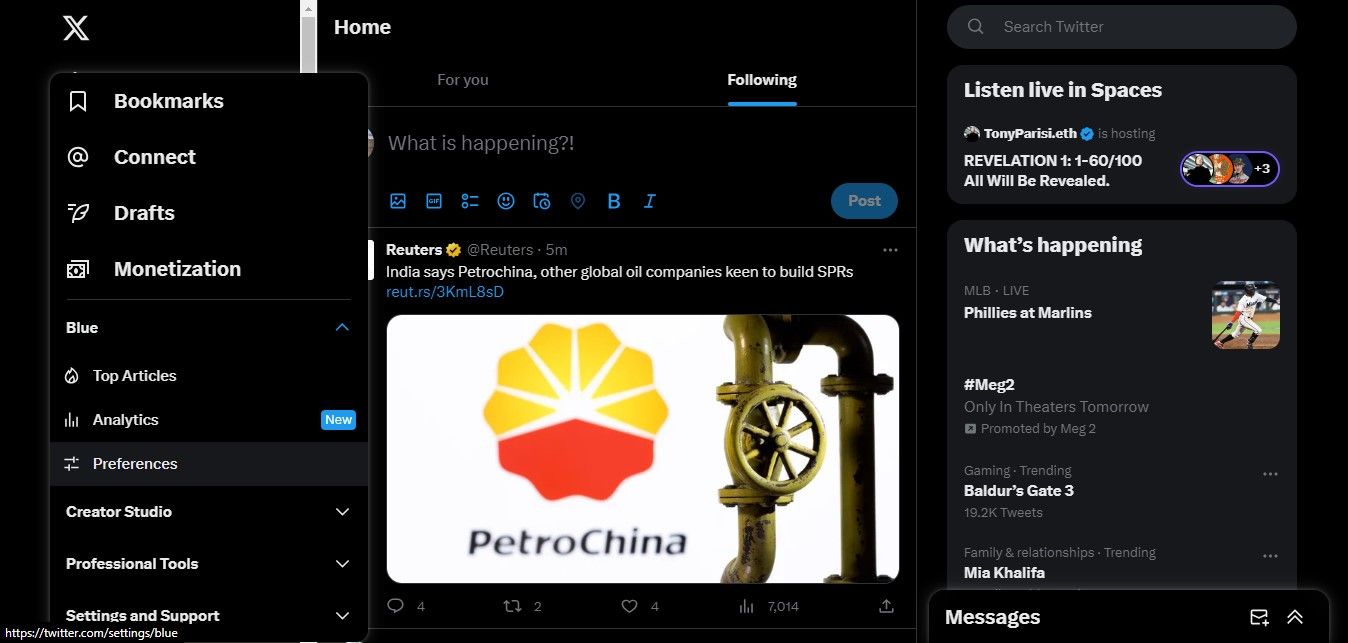 Вложенные меню для доступа к параметрам профиля Twitter Blue