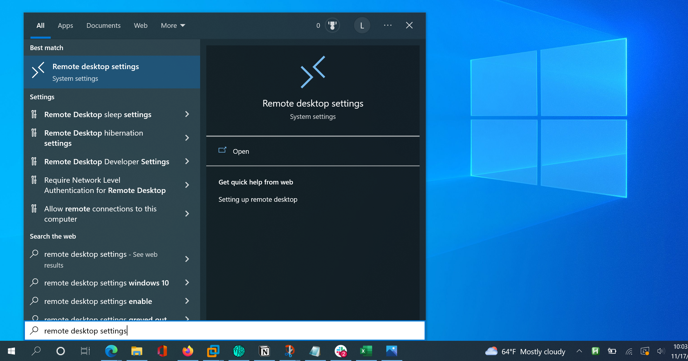 Поиск в меню Пуск по запросу «Удалённый рабочий стол».