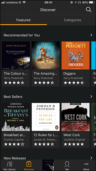 Экран Discover в приложении Audible — поиск и подборки